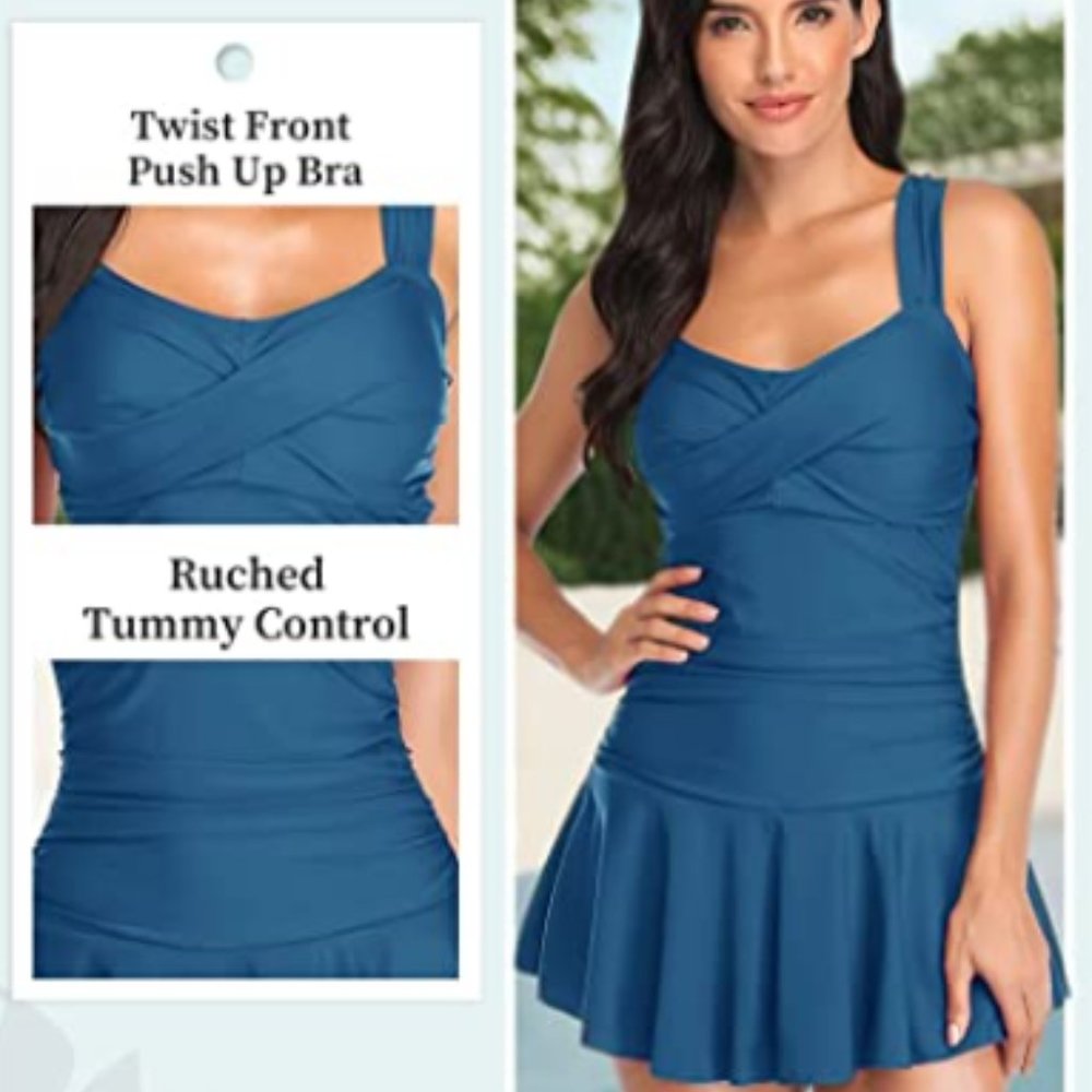 Blue Tummy Control Swimdress Bathing Suit - Picture 3 of 6